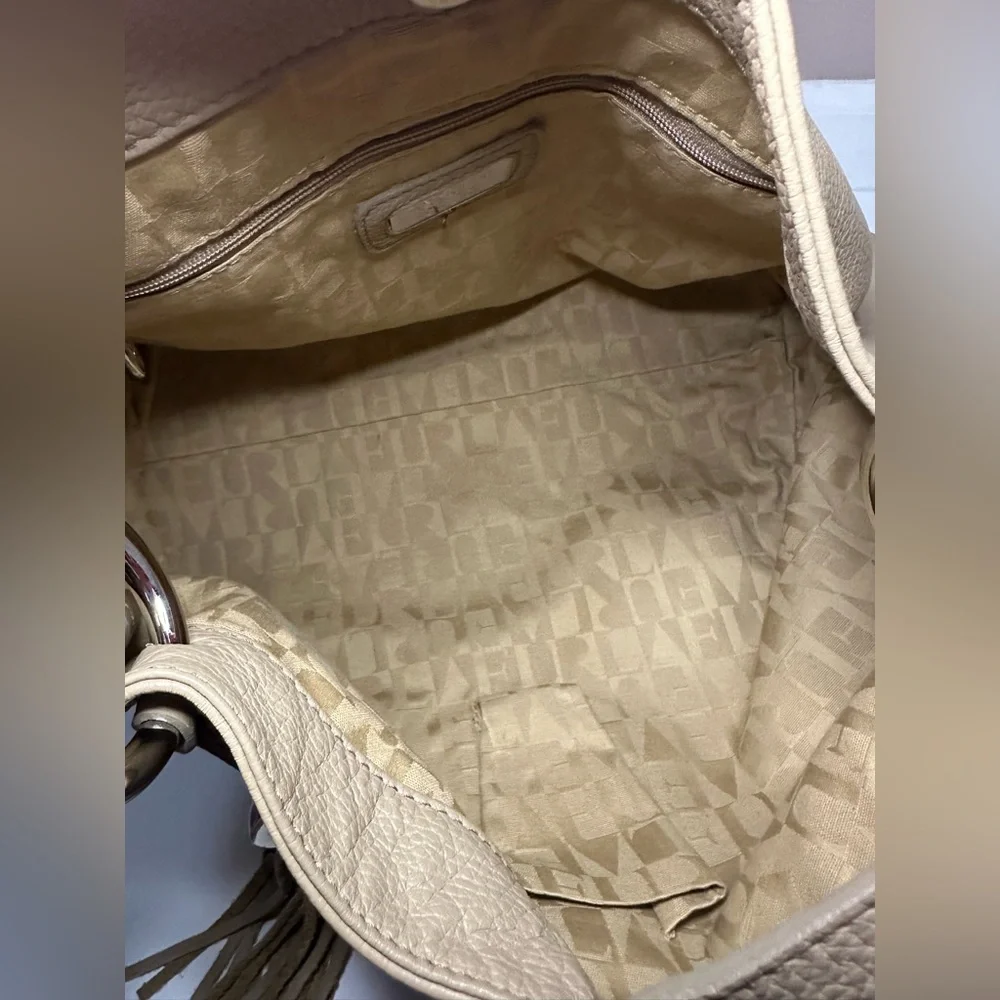 Furla Light Taupe Pebbled Leather Hobo Shoulder Bag with Tassel - EUC